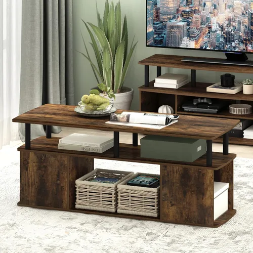 Miniatura 4 de Furinno Jaya - Mesa auxiliar rectangular moderna con estante abierto, mesa auxiliar con almacenamiento lateral, para sala de estar, dormitorio, Pino