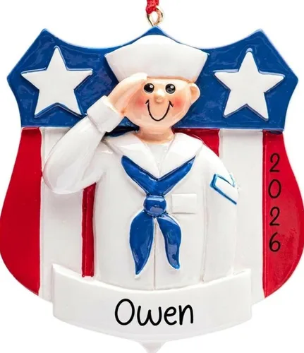 Adorno de Navidad personalizado de oficial de la marina 2026 – Personalización gratuita | Oficial naval en uniforme militar, saludo patriótico de
