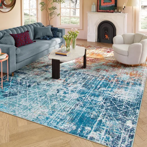 Miniatura 14 de Zealude - Alfombras abstractas boho azul rosa para dormitorio de niñas y niños, alfombra lavable de 8 x 10 pies para sala de estar y comedor