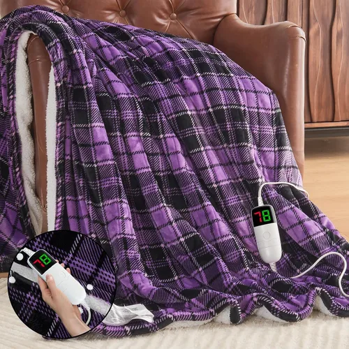 Miniatura 10 de Manta térmica negra eléctrica, manta térmica de 50 x 60 pulgadas con 10 niveles de calor y 8 horas de apagado automático, manta de sherpa suave a