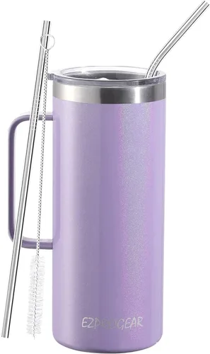 Miniatura 2 de Ezprogear Taza de café de acero inoxidable de 32 onzas, vaso de doble pared aislado al vacío con asa, tapa y pajitas (32 onzas, violeta brillante)