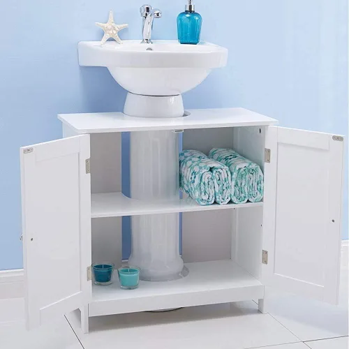 Miniatura 3 de Armario de tocador para baño debajo del fregadero, gabinete de almacenamiento con pedestal independiente con 2 puertas y estantes, moderno