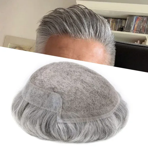Miniatura 11 de Toupee para hombres, piezas de cabello de repuesto suave de encaje suizo para hombres, tupé de cabello humano real, tupé, sistema de cabello
