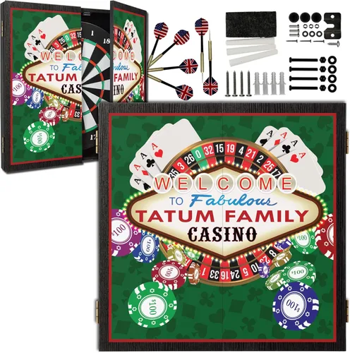 Miniatura 34 de Juego de gabinete de tablero de dardos personalizado con 6 dardos de punta de acero, tablero de dardos de papel, tiza y borrador