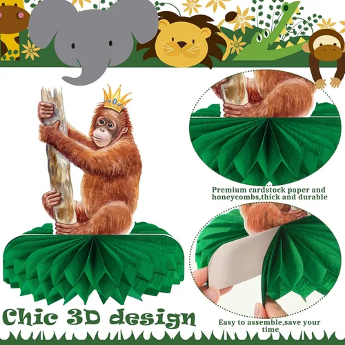Miniatura 4 de Yeaqee 12 centros de mesa de nido de abeja de animales de la selva, suministros para fiestas de cumpleaños con temática de safari, animales