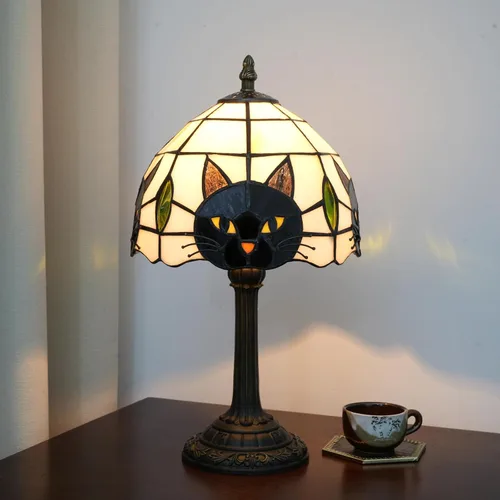 Miniatura 5 de Lámpara de mesa con base de hoja de metal de cristal de color azul de conchas estilo Tiffany, lámpara de mesa retro para dormitorio, sala de estar