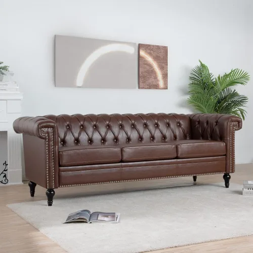 Miniatura 11 de Sofá Chesterfield moderno de 83.5 pulgadas, sofá de 3 plazas con brazo enrollado, tapizado de cabeza de clavo, sofás de piel sintética para sala
