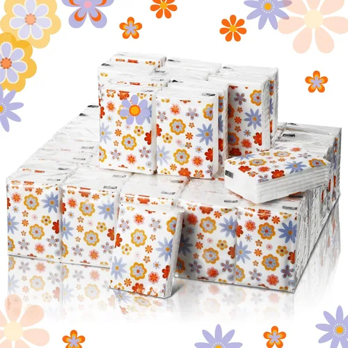 Sinmoe Paquete de 50 pañuelos florales con bolsillo, paquetes de viaje a granel de 3 capas pequeñas florales de viaje faciales individuales de papel