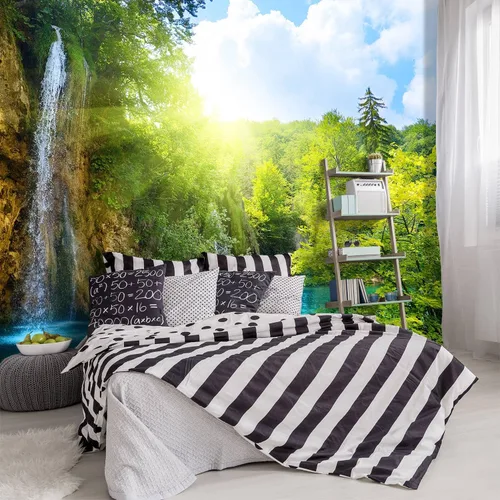 Miniatura 16 de Mural de pared de bosque nebuloso con escena de pino, papel tapiz de tela para sala de estar, dormitorio, baño, mural de montaña - 91"x65