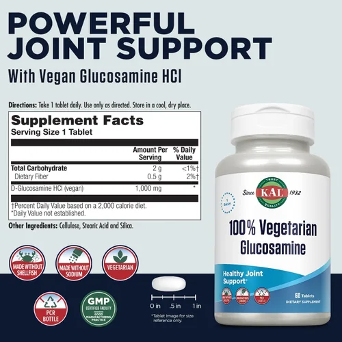 Miniatura 3 de KAL Glucosamina 100% vegetariana 1000 mg, suplemento de salud articular con HCl de glucosamina vegana, apoyo articular para comodidad y movilidad