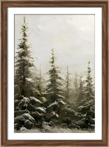 Miniatura 184 de MUDECOR Lienzo enmarcado prémium para pared, pinos nevados en bosque de invierno, ilustraciones modernas, arte contemporáneo, escénico, divertido
