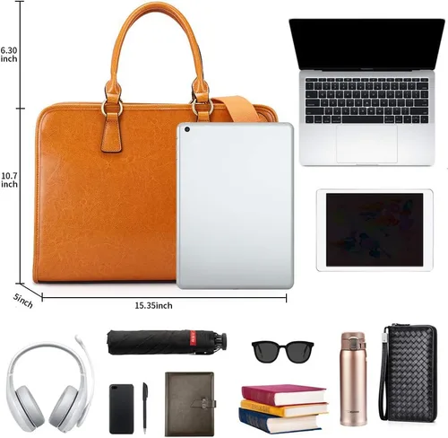 Miniatura 19 de Kattee Maletín de cuero genuino para mujer, bolsa de computadora portátil de gran capacidad con etiqueta de equipaje