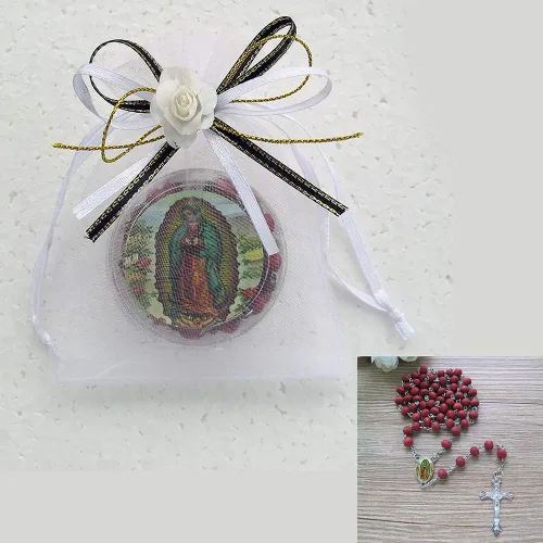 Miniatura 4 de Recuerdos conmemorativos (12 piezas) Rosarios perfumados rojos de Nuestra Señora de Guadalupe en bolsas decoradas, descansa en paz, en memoria
