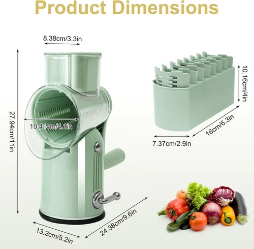 Miniatura 2 de Rallador de queso 5 en 1 con manivela giratoria, picador de verduras con cuchillas de acero inoxidable reemplazables, base de succión fuerte, mango