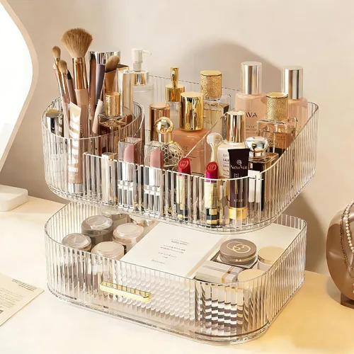 Miniatura 4 de Organizador de maquillaje con soporte para brochas giratorio de 360° y cajones apilables, estuche de exhibición de cosméticos para tocador, encimera