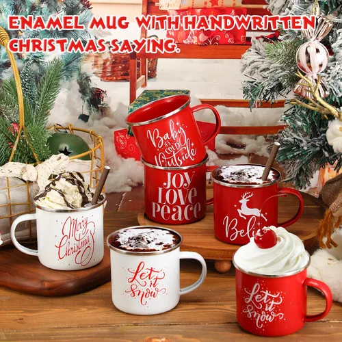 Miniatura 3 de Uiifan 10 Piezas Tazas de Esmalte de Navidad a Granel Lindas de 12 oz Acero Galvanizado Festivas Divertidas Novedosas Taza de Café Feliz Navidad