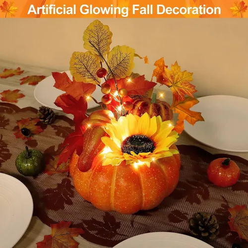Miniatura 6 de Temporizador y preiluminado: decoraciones de Acción de Gracias, calabaza, calabaza artificial con hojas de arce, girasol, bayas, 20 luces LED