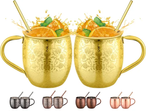 Miniatura 15 de UNISWEET Moscow Mule - Tazas de 18 onzas chapadas en cobre fina artesanía, tazas grabadas con acero inoxidable 304, para bebidas frías, cerveza, 1