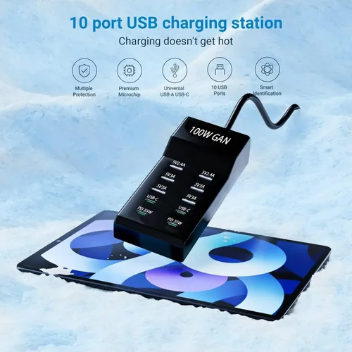 Miniatura 4 de Bloque de cargador USB de 10 puertos - 100W6A4C Hub de puerto USB múltiple para iPhone/iPad/Samsung Galaxy Note Tablet Android Smartphone Negro