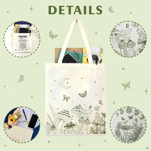 Miniatura 5 de THEYGE Bolsa de mano con diseño de hongos, estética, vintage, divertida, de lona de algodón, reutilizable, para compras, playa, bolsa de hombro Verde