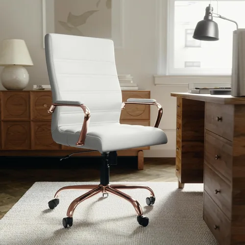 EMMA + OLIVER Silla de oficina giratoria ejecutiva de LeatherSoft de respaldo alto blanco - Marco de oro rosa/brazos Marco blanco Leathersoft/oro