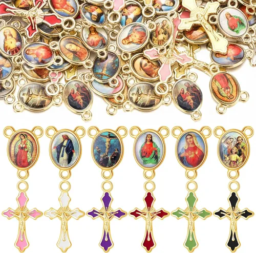 200 piezas/100 juegos de suministros para kits de fabricación de rosarios, medallas centrales con cruz y dijes de aleación, imágenes religiosas,