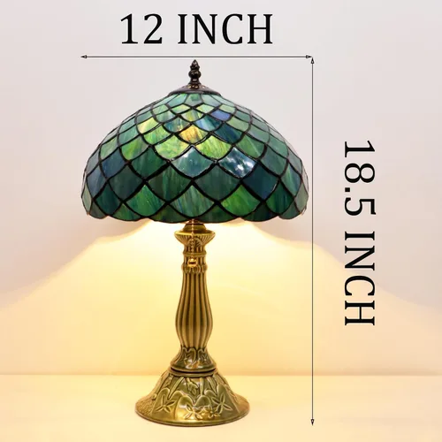 Miniatura 3 de Tiffany Style Stained Glass Table Lamp 18.5 Inch - Blue Fish Scales 12X12X18.5 Inch, E26 Bulb Base，Pull Chain Switch, Ceramic Base, Bedside