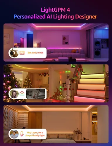 Miniatura 2 de Lepro Tira de luces LED inteligentes S2 AI – Tiras de luz RGBCW de 16.4 pies con 2700K-5700K blanco cálido sintonizable, segmento de color DIY