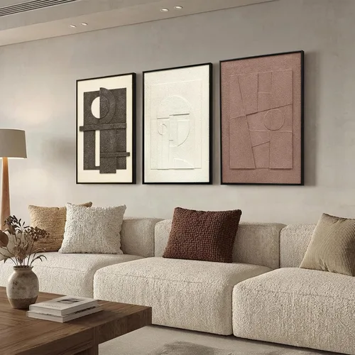 Arte de pared enmarcado abstracto con textura 3D, 3 piezas de decoración de pared moderna neutra, pinturas geométricas minimalistas de pared