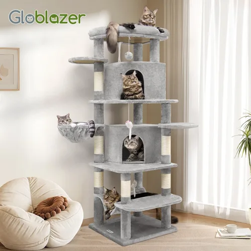 Miniatura 8 de Globlazer Árbol esquinero para gatos grandes, serie curvada de 66 pulgadas de alto, torre grande para gatos de interior con 6 postes rascadores, 2