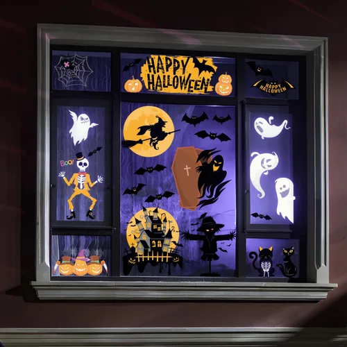 Miniatura 6 de Decoración de Halloween para decoración de Halloween, 6 hojas de cuervos de doble cara, murciélagos, arañas, fantasmas, calcomanías de vidrio