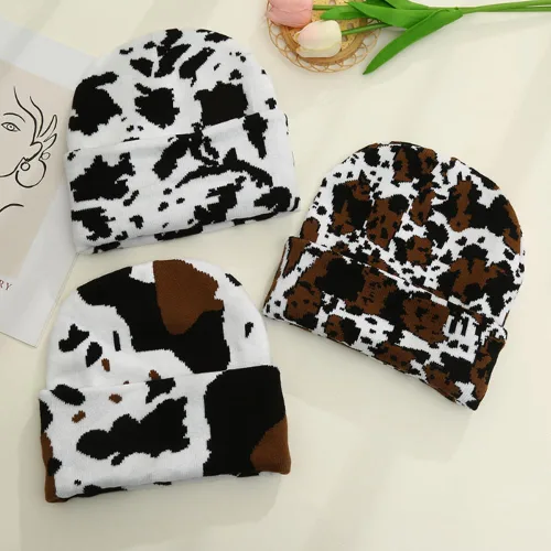 Miniatura 5 de GLOCALL Gorro con estampado de vaca, lindo gorro con estampado de vaca, gorro de otoño e invierno, gorro con puños, sombreros de punto cálido, gorra