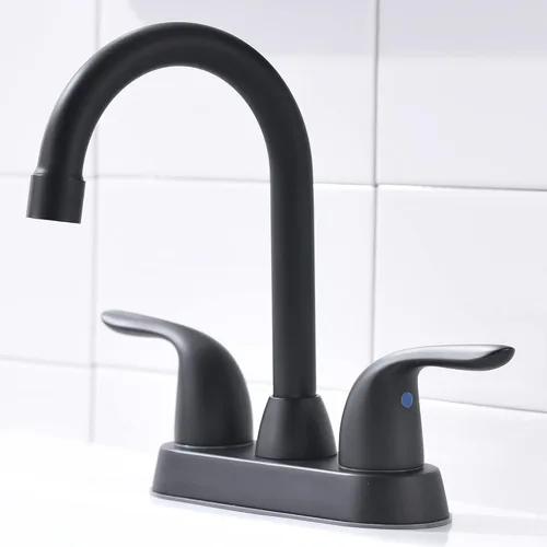 Grifo de baño negro mate de dos asas, boquilla giratoria con montaje de drenaje emergente, arco alto, con mangueras de suministro de agua, fácil de