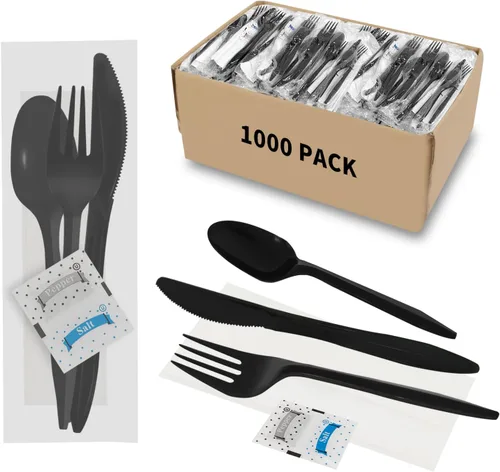 Miniatura 9 de 500 paquetes de juego de cuchillo, tenedor, cuchara, servilleta, sal y pimienta, cubiertos de plástico negro envueltos individualmente para entrega
