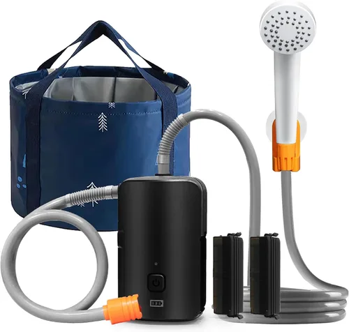 Miniatura 10 de Ducha portátil para campamento, 4400 mAh, recargable por USB, IPX7, impermeable, bomba de ducha con batería + cubo plegable para campamento Negro