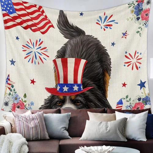 Miniatura 2 de LooPoP Tapiz para colgar en la pared del 4 de julio, con bandera de Estados Unidos, tapices de perros, sombreros estéticos, rayas de amapola