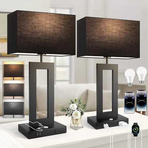 Miniatura 14 de Kondras Juego de 2 lámparas de mesa para dormitorios, 3 temperaturas de color, control táctil, lámparas de noche con 2 puertos USB y salida de CA
