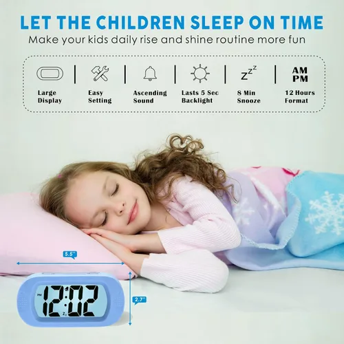 Miniatura 2 de Plumeet Reloj Despertador para Niños LCD Digital Grande Relojes Despertadores de Viaje con Repetición y Luz Nocturna - Sonido Ascendente