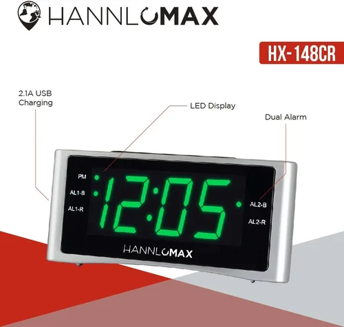 Miniatura 4 de HANNLOMAX Radio despertador HX-148CR, radio FM PLL, alarma dual, pantalla LED verde de 1.4 pulgadas, puerto USB para carga de 2.1 A, solo