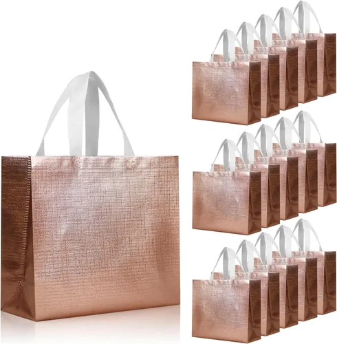 Miniatura 17 de cabzymx 16 bolsas de regalo reutilizables rosadas, bolsa de regalo de vacaciones con diseño metálico brillante con asas y bases, bolsa de regalos