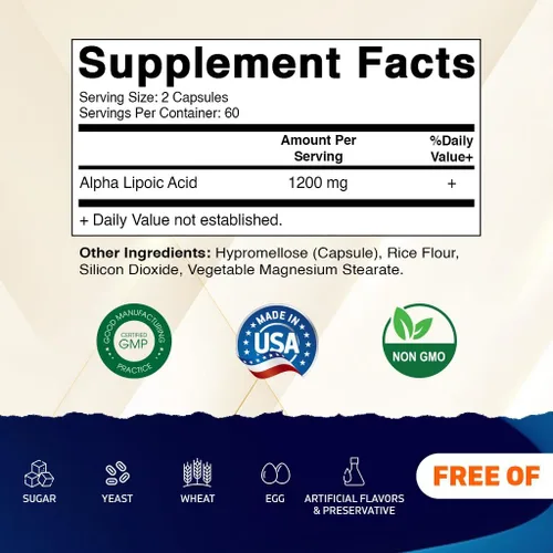 Miniatura 2 de Vitamatic Ácido alfa lipoico 1200 mg por porción, 120 cápsulas – Sin gluten, cápsulas vegetarianas, sin soja y sin OMG