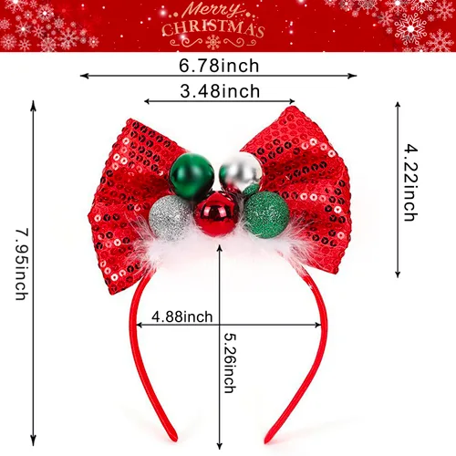 Miniatura 5 de Ecuupas Diadema de Navidad con lazo para el pelo, color rojo, brillante, verde, campana, diseño de tocado para mujeres, niñas, niños, invierno