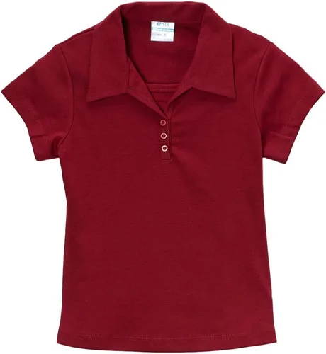 unik Camisa de manga corta con cuello de triple botón para niña, color blanco, azul marino, azul cielo, rojo, borgoña, verde cazador, amarillo,