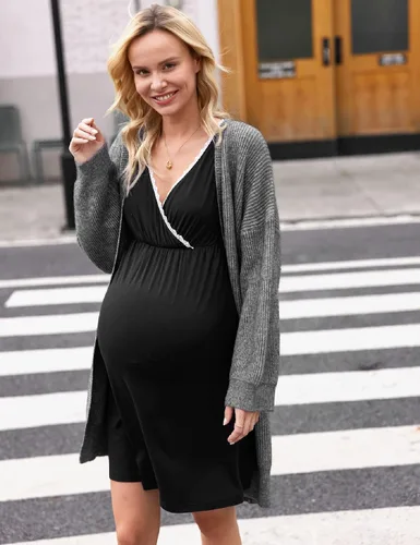 Miniatura 5 de Ekouaer - Camisón de dormir de manga corta 3 en 1 para mujer, plisado, para lactancia, parto y maternidad, tallas S-XXL