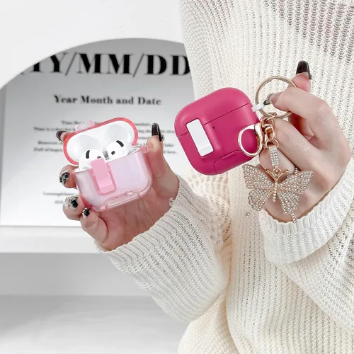 Miniatura 7 de Bonita funda rosa para Airpods de 4 generación con cerradura y llavero de mariposa brillante para mujeres femeninas, funda rígida transparente única