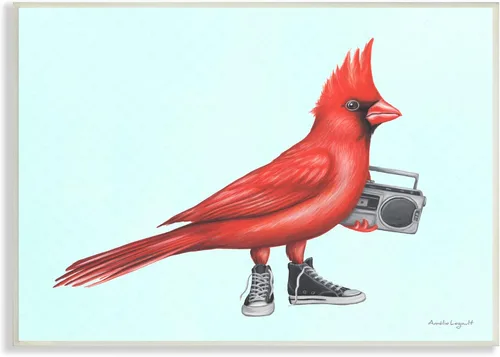 Stupell Industries Cardinal Bird Negro Zapatillas Retro Boombox Ilustración, Diseño por Amelie Legault