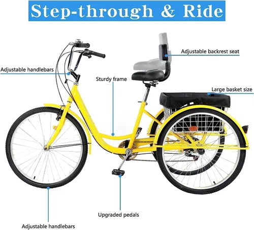 Miniatura 5 de Triciclo para adultos de 24/26 pulgadas, 7 velocidades, triciclo de 3 ruedas para adultos para mujeres/hombres/personas mayores, bicicleta de tres
