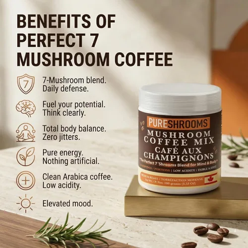 Miniatura 3 de PureShrooms Perfect 7 - Café de hongos – Arábica instantánea de origen único con melena de león orgánica, Reishi y Cordyceps – Bebida