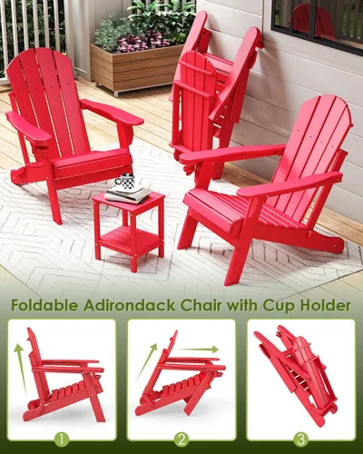 Miniatura 6 de GREENVINES Juego de 2 sillas plegables Adirondack Plástico HDPE Silla para hoguera Todo clima Portavasos Rojo para terraza, patio