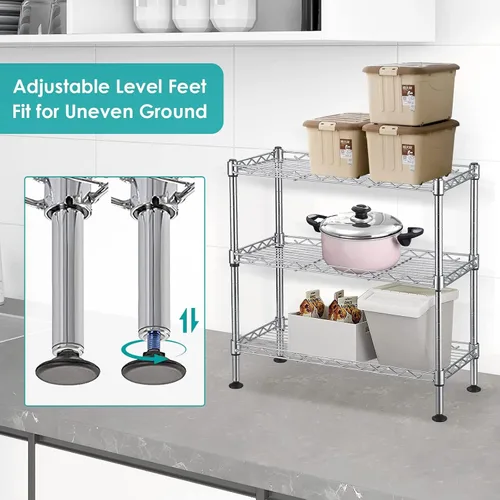 Miniatura 6 de Estante de alambre ajustable de 3 niveles, estantes de almacenamiento de metal de 3 niveles con patas niveladoras, unidad de estantería de alambre